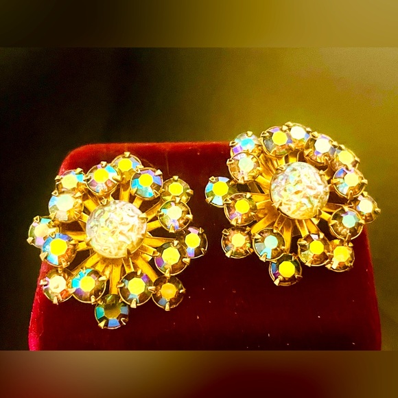 Gold and Aurora Borealis Rhinestone Starburst Clip Earrings - Picture 7 of 13